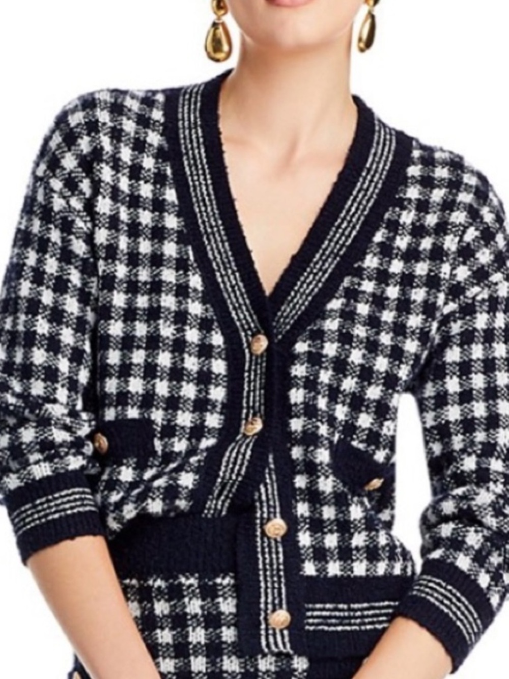 Aqua Black and White Houndstooth Knit Cardigan with Gold Accents Sz M